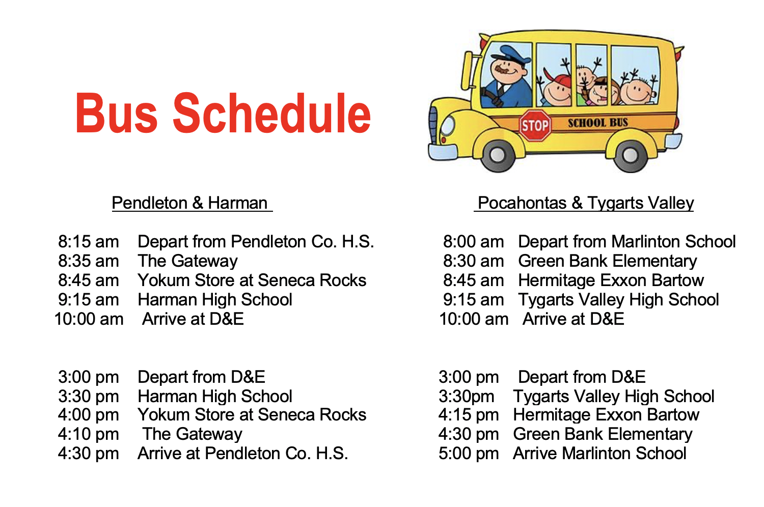 Bus Schedule | Upward Bound - Davis & Elkins College